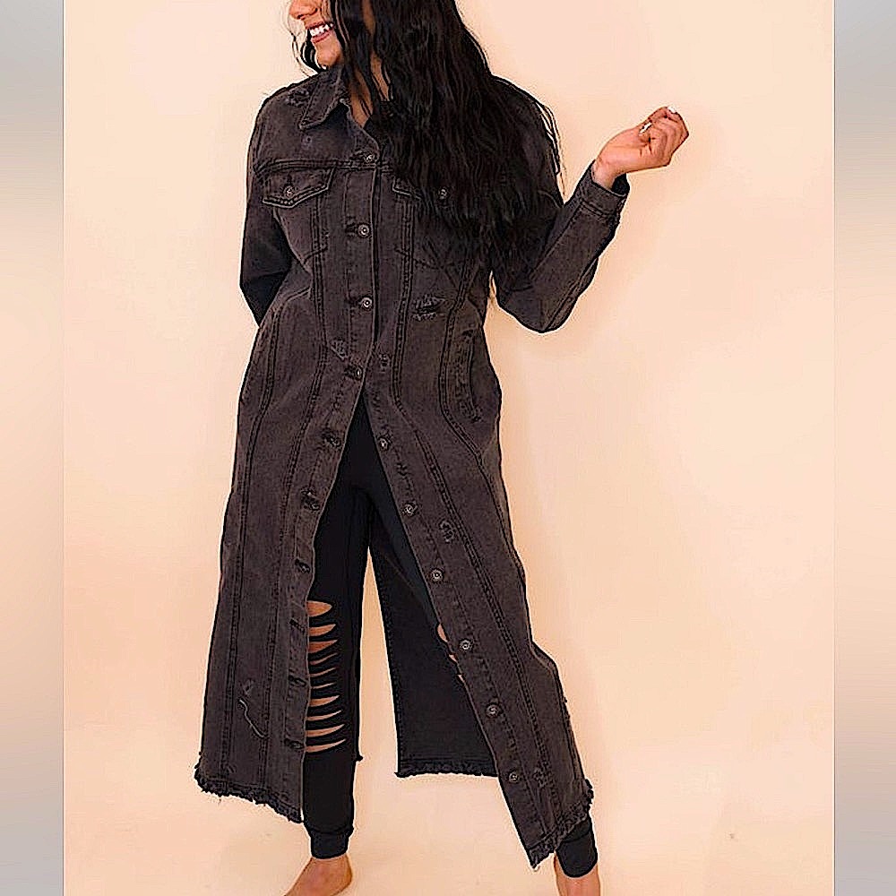 🆕🖤BLUE AGE: BLACK Long Button Down Distressed Denim Jacket MEDIUM